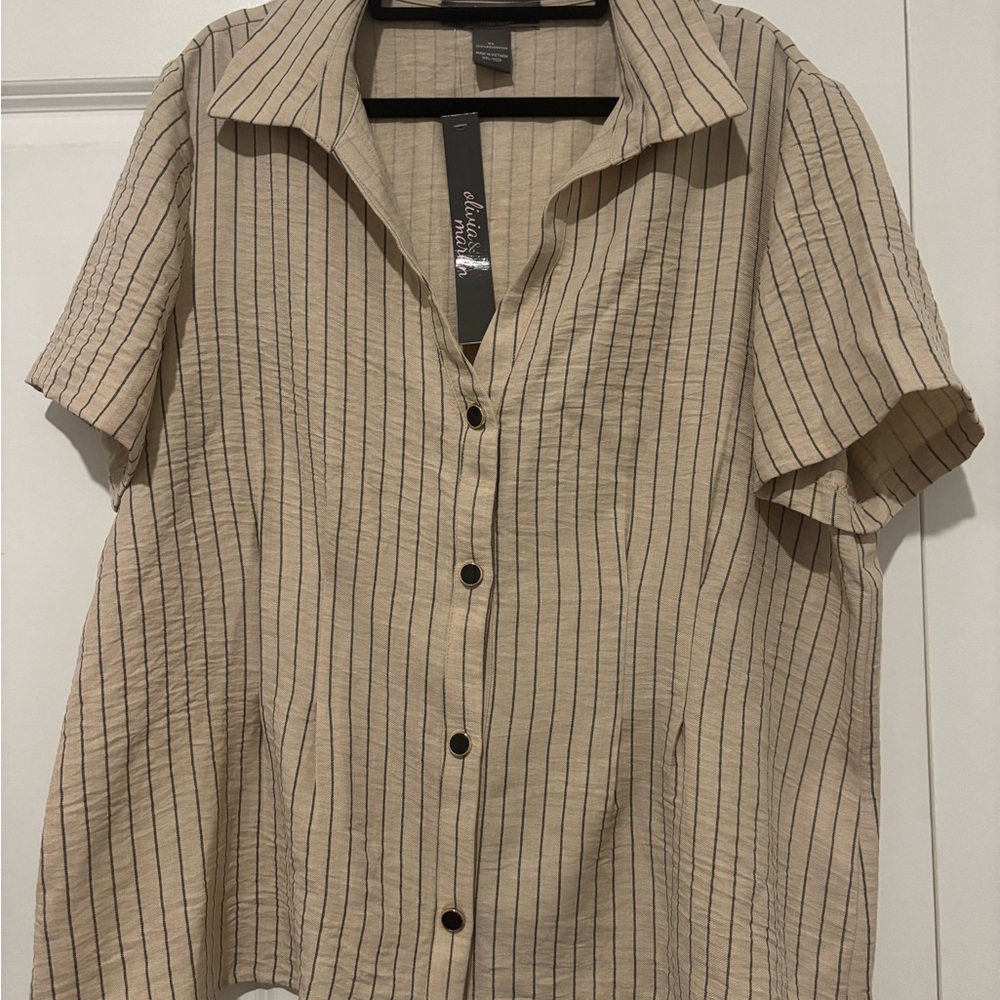 Beige Striped Short-Sleeve Button-Down Shirt